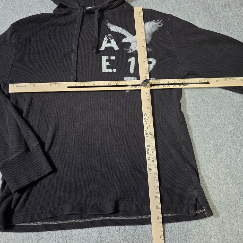 American Eagle Mens XL Hoodie Black Waffle Knit Thermal Graphic Vintage Fit 1977 - Picture 2 of 5